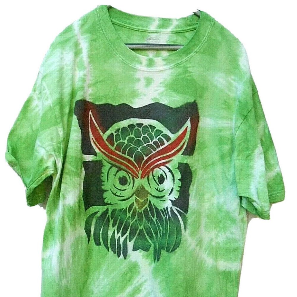 Altered Kirkland Cotton T-Shirt Tie Dyed Green & Screen Printed w/ Owl Sz XL